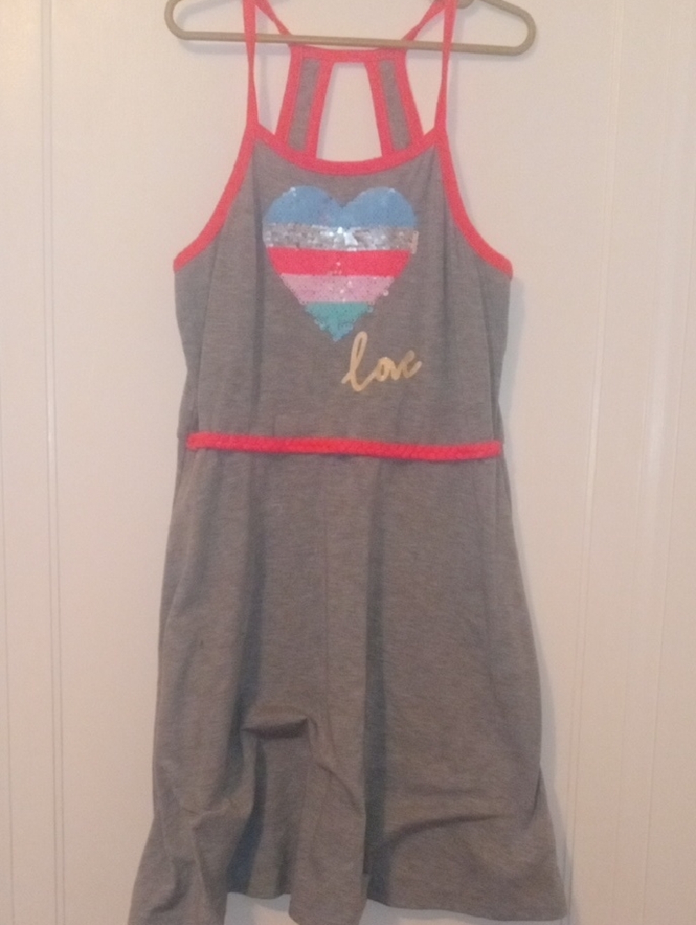 Girls Gray Knit Sundress with Coral Trim and Sequin Heart , large